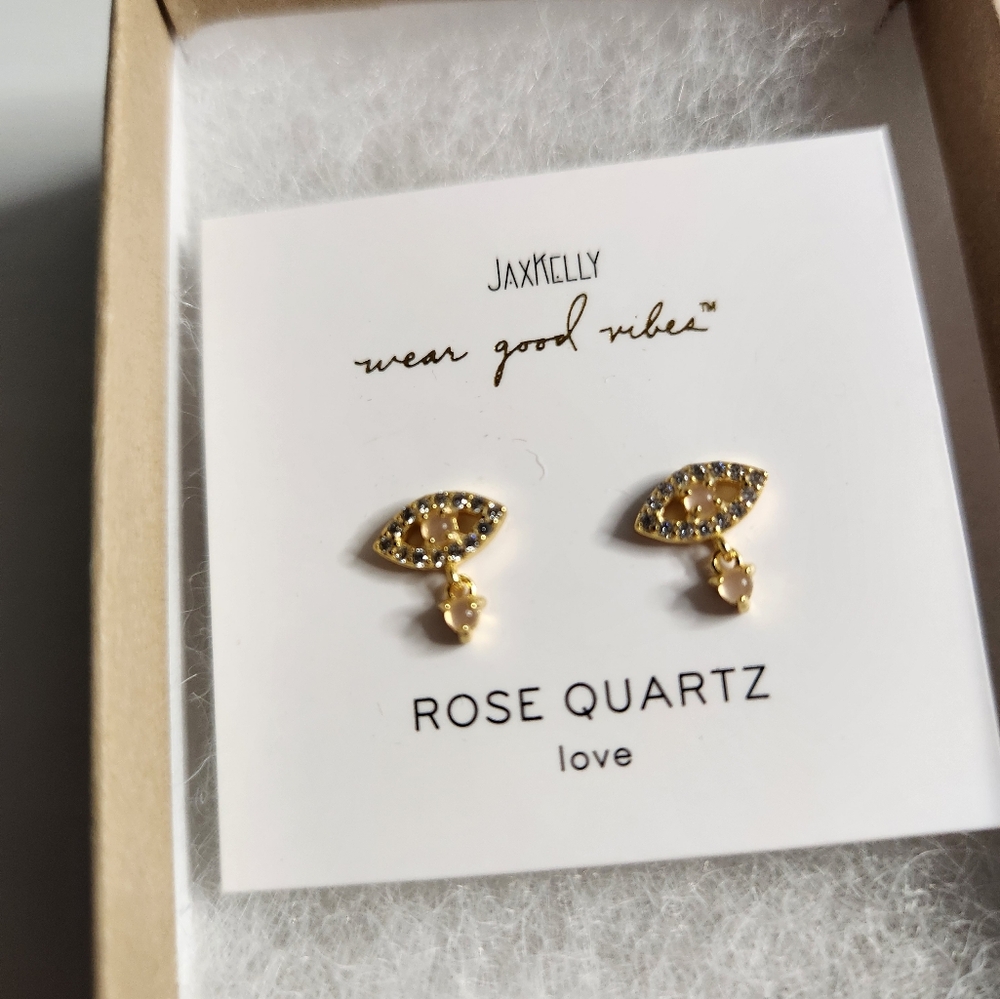 NIB NWT Jax Kelly Rose Quartz Love Evil Eye Yellow Gold Tone Earrings